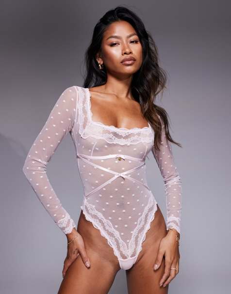 Boux Avenue Faye spot mesh unpadded sheer bodysuit in light pink - view 1