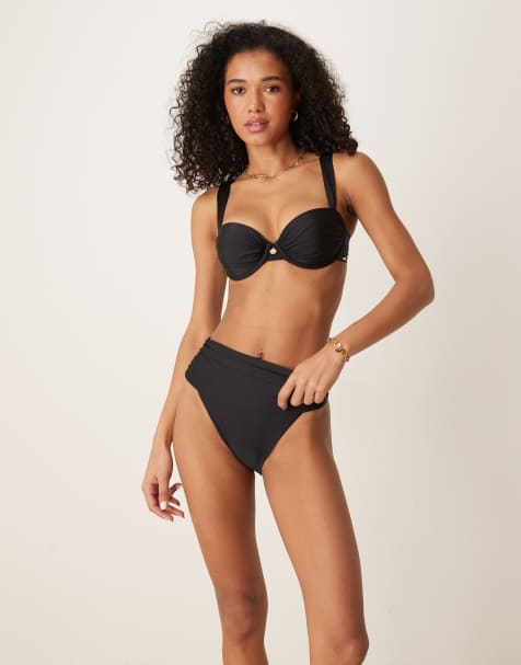 Boux Avenue Ferrara shiny ruched high leg bikini bottoms in black - view 1