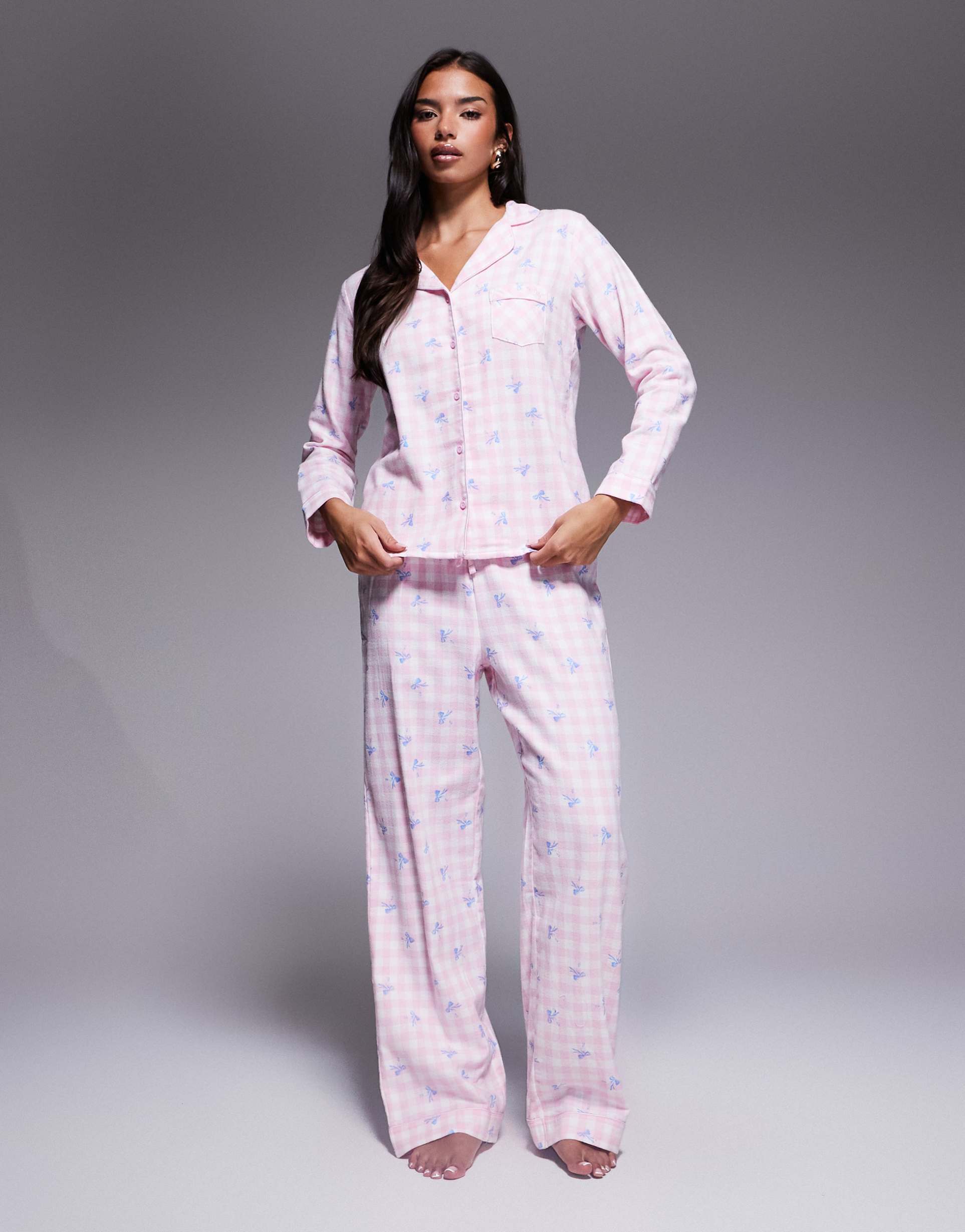 boux avenue fleece long sleeve & pants pj set in a bag in gingham bow print