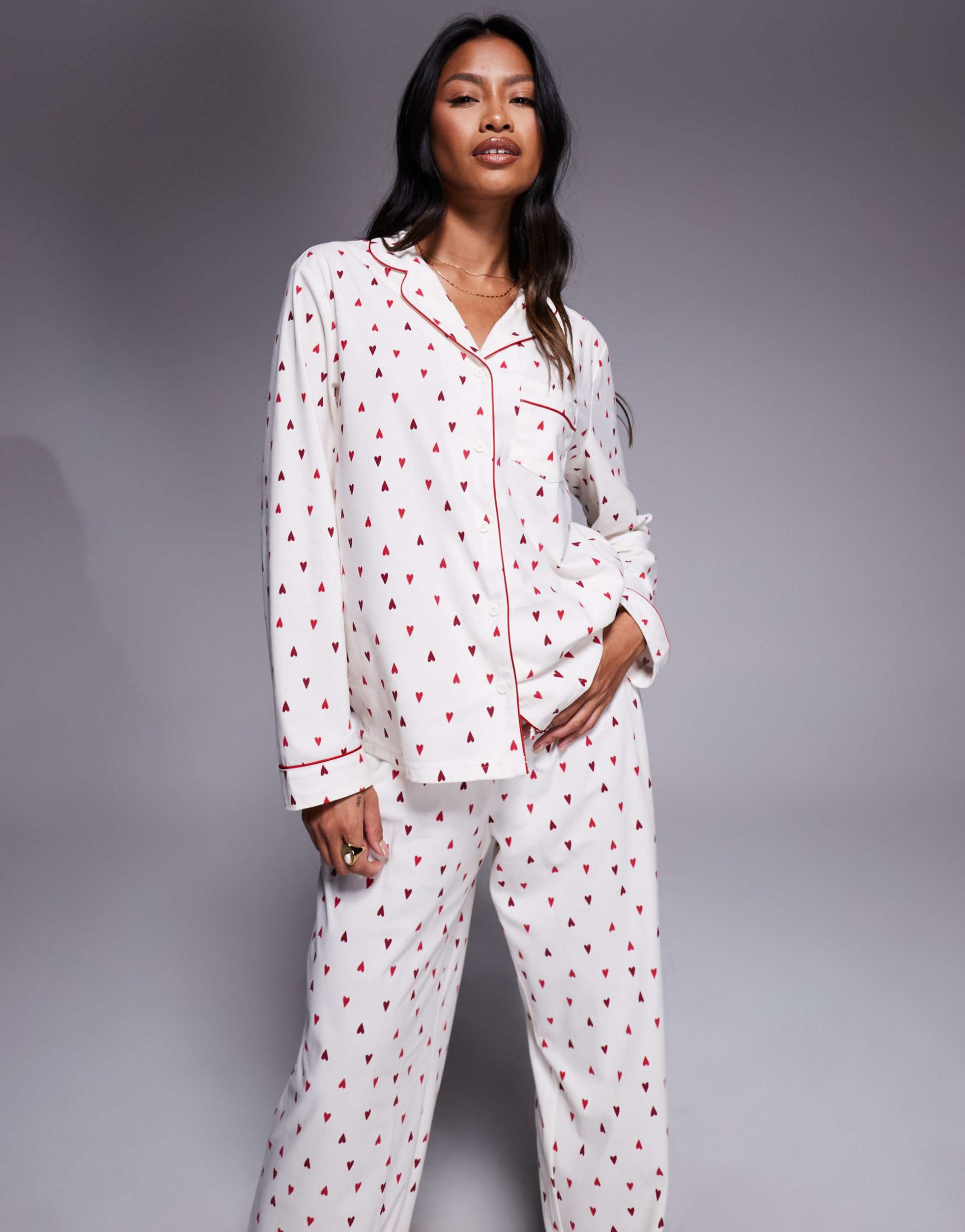 boux avenue fleece long sleeve top & pants pj set in a bag in heart print