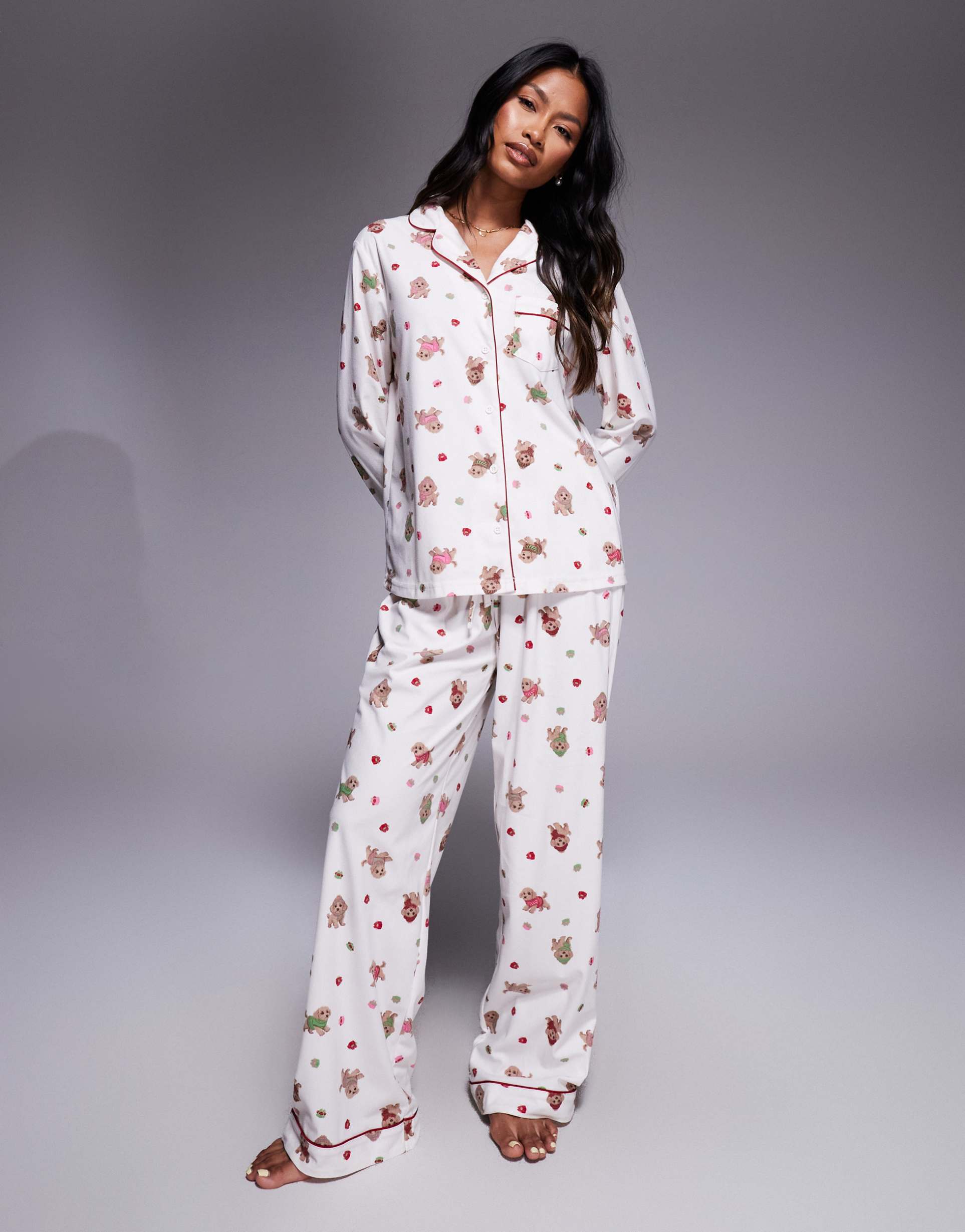 boux avenue fleece long sleeve top & pants pj set in puppy christmas print