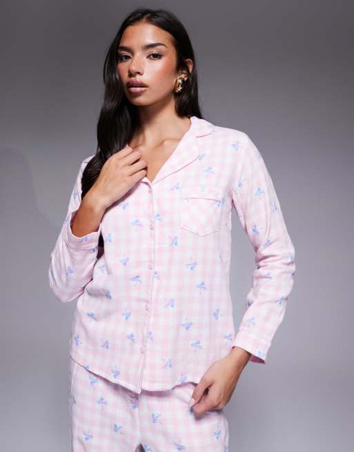 Boux Avenue fleece long sleeve & trouser PJ set in a bag in gingham bow print, 2 of 4