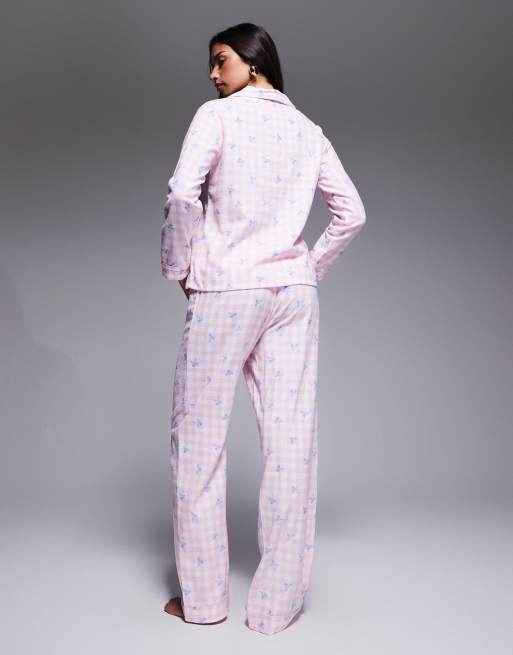 Boux Avenue fleece long sleeve & trouser PJ set in a bag in gingham bow print, 3 of 4