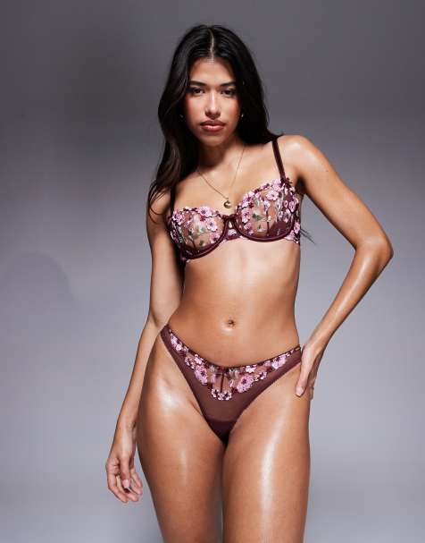 Boux Avenue floral embroidered lingerie set in burgundy - view 1