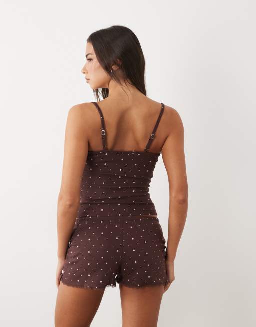 Boux Avenue floral pointelle short and cami set in chocolate brown, 3 of 4