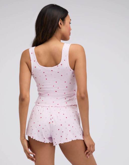 Boux Avenue Floral ribbed short pyjama set with ruching detail in pink mix, 3 of 4