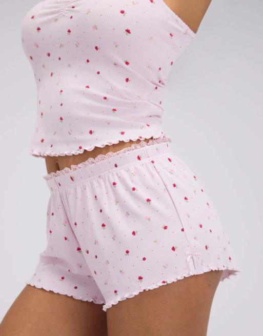 Boux Avenue Floral ribbed short pyjama set with ruching detail in pink mix, 4 of 4