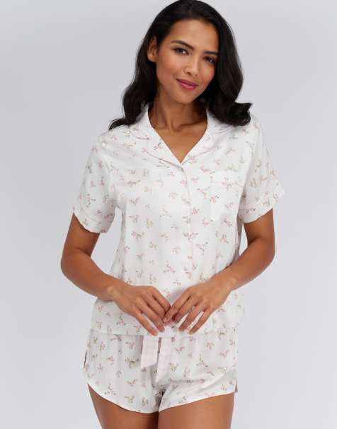 Boux Avenue Floral satin short pyjama set collared top and shorts pj in ivory mix - view 1
