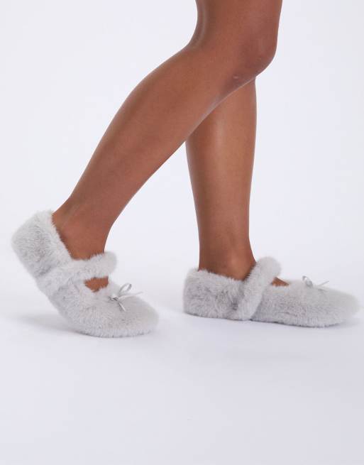 Boux Avenue Fluffy ballet pump slippers strapped mules loungewear in grey, 2 of 7