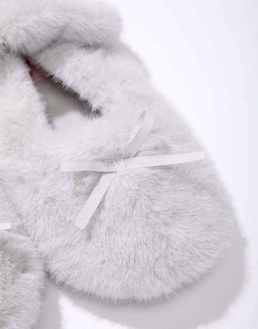 Boux Avenue Fluffy ballet pump slippers strapped mules loungewear in grey, 3 of 7