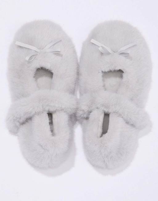 Boux Avenue Fluffy ballet pump slippers strapped mules loungewear in grey, 5 of 7