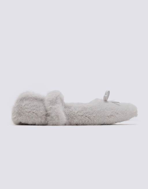 Boux Avenue Fluffy ballet pump slippers strapped mules loungewear in grey, 6 of 7