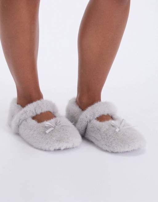 Boux Avenue Fluffy ballet pump slippers strapped mules loungewear in grey, 7 of 7