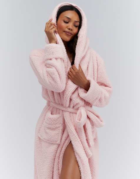 Boux Avenue Fluffy boucle long robe with patch pockets and hood in pink - view 1