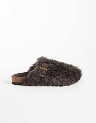 Boux Avenue Fluffy Buckle Detail Mule Slippers In Brown