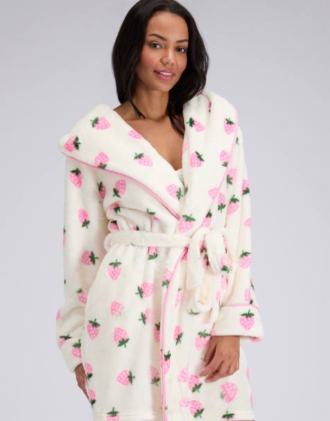 Boux Avenue Fluffy strawberry short dressing gown silky soft plush robe in ivory mix - view 1