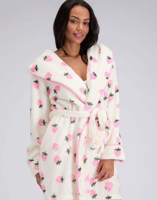 Boux Avenue Fluffy strawberry short dressing gown silky soft plush robe in ivory mix