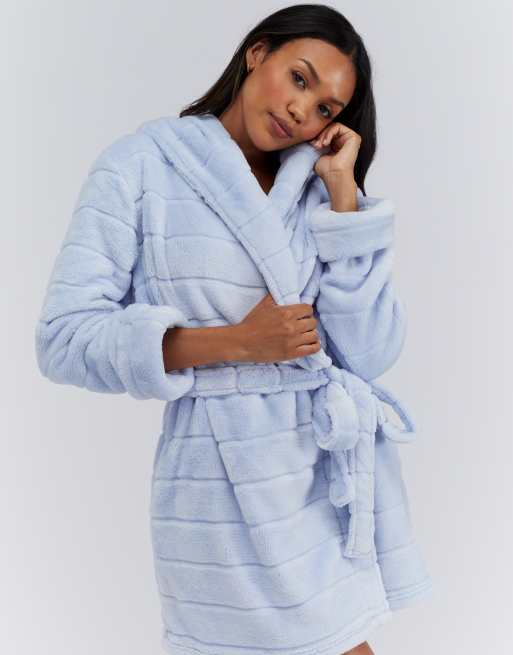 Boux Avenue Fluffy striped short dressing gown silky soft plush robe in dove blue