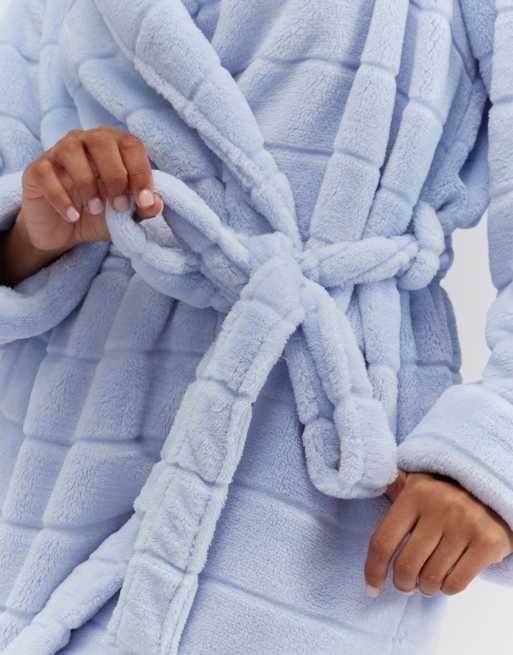 Boux Avenue Fluffy striped short dressing gown silky soft plush robe in  dove blue | ASOS