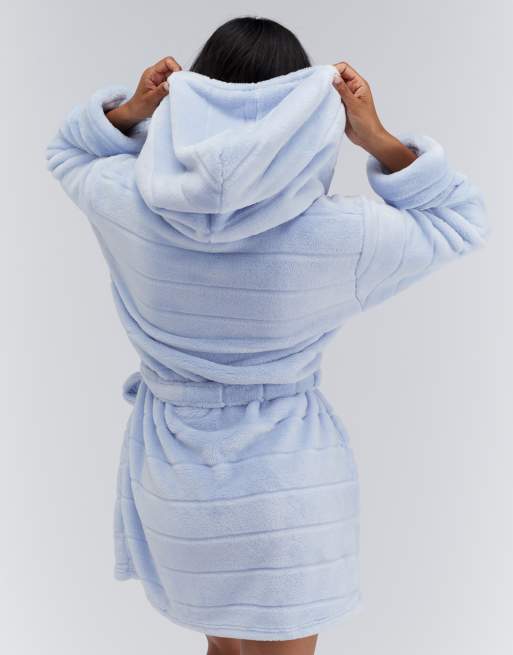 Boux Avenue Fluffy striped short dressing gown silky soft plush robe in  dove blue | ASOS