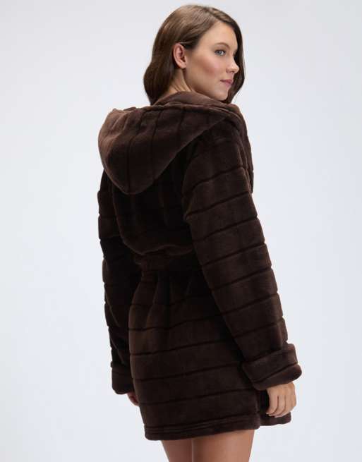 Boux Avenue Fluffy striped short dressing gown soft plush bathrobe in chocolate, 2 of 4
