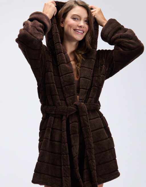 Boux Avenue Fluffy striped short dressing gown soft plush bathrobe in chocolate, 4 of 4