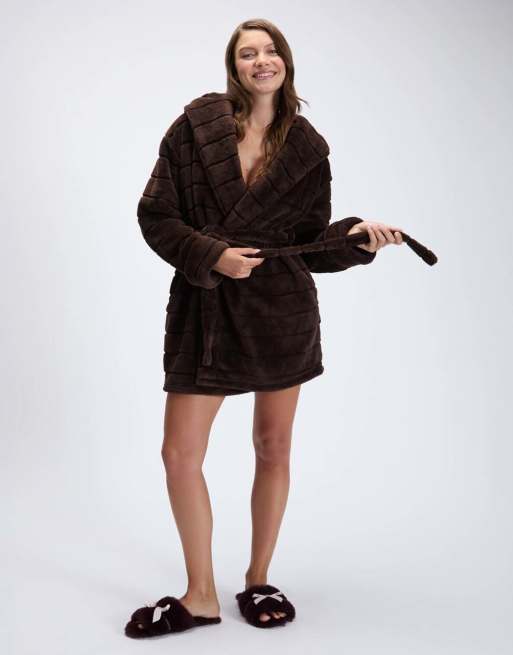 Boux Avenue Fluffy striped short dressing gown soft plush bathrobe in chocolate, 5 of 5