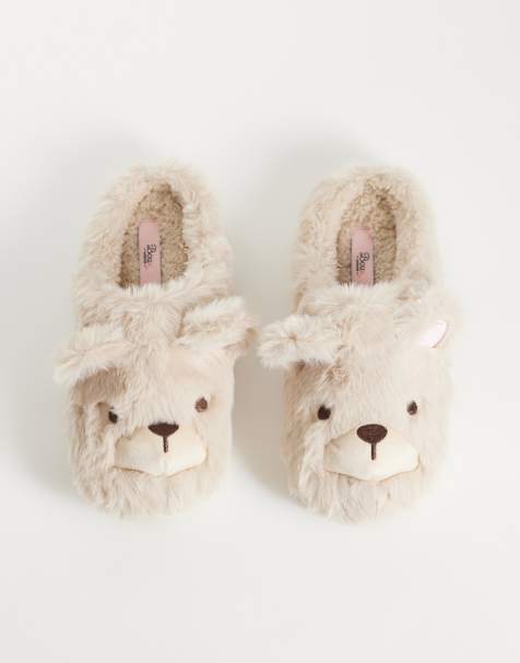 Boux Avenue fluffy teddy bear mule slipper in oatmeal - view 1
