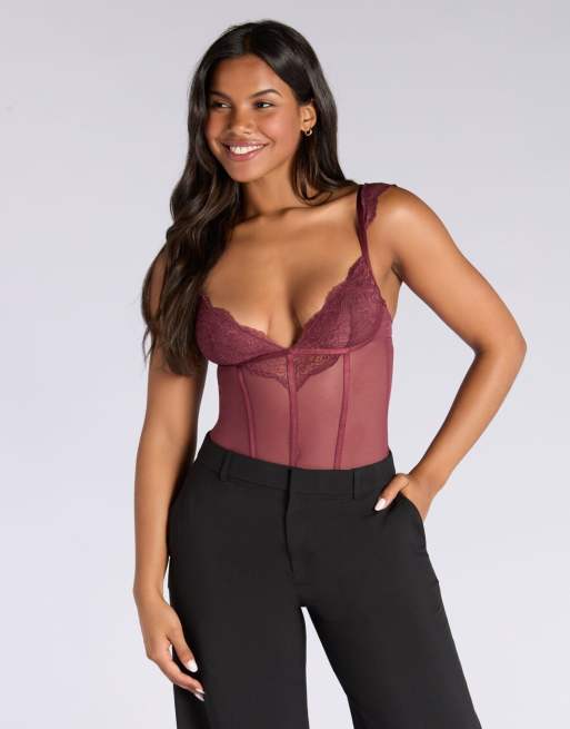 Boux Avenue Frida lace and sheer mesh unpadded bodysuit in oxblood