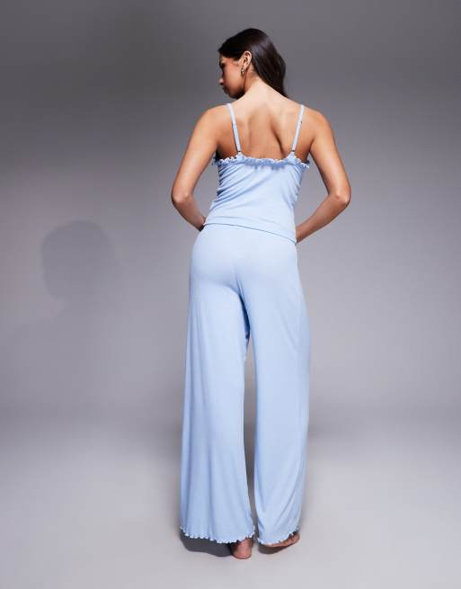 Boux Avenue frill rib cami and pants set in cornflower blue, 3 of 4