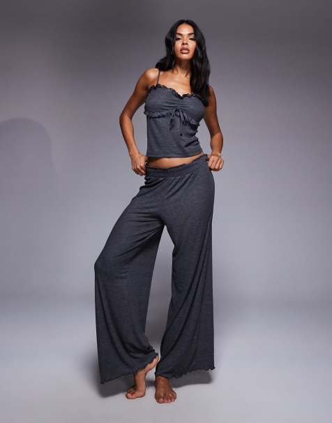Boux Avenue Frill ribbed cami top and trousers pyjama set in charcoal - view 1