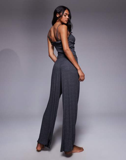 Boux Avenue Frill ribbed cami top and trousers pyjama set in charcoal, 3 of 4