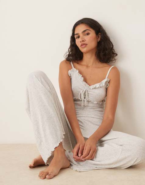 Boux Avenue Frill ribbed cami top and trousers pyjama set in grey marl mix - view 1