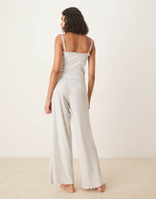 Boux Avenue Frill ribbed cami top and trousers pyjama set in grey marl mix, 2 of 4