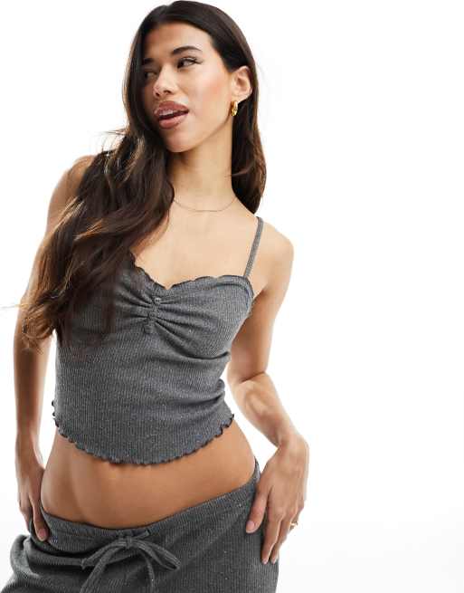 Boux Avenue – Funkelndes Nachtwäsche-Set aus gerippter Camisole und Hose mit weitem Bein in Anthrazit
