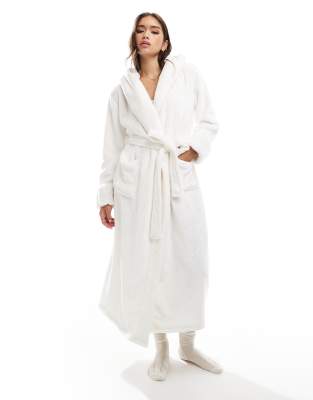 Boux Avenue fur trim plush long robe in beige-Neutral