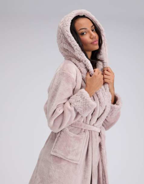 Boux Avenue Fur trimmed long hooded dressing gown with belt in mink - view 1