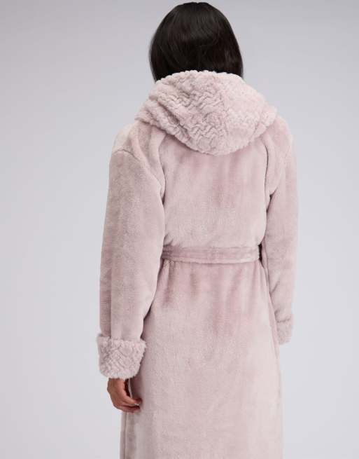Boux Avenue Fur trimmed long hooded dressing gown with belt in mink | ASOS