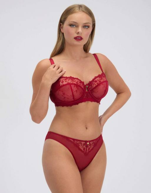 Boux Avenue Georgiana embroidered balconette bra underwired lingerie in red, 5 of 6