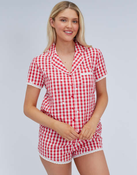 Boux Avenue gingham short pyjama set cotton collared top and shorts in red mix - view 1