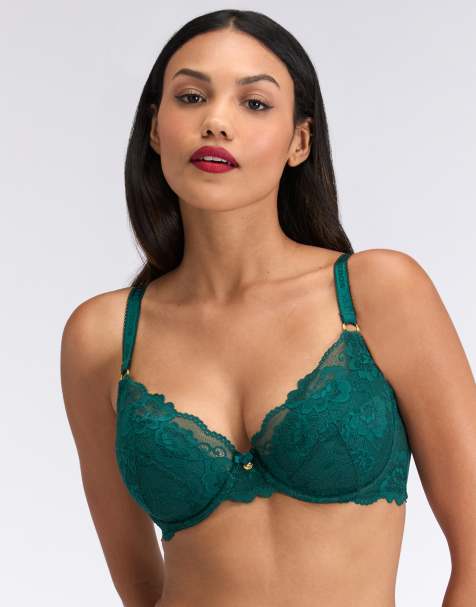 Boux Avenue Harper floral lace balconette bra satin bows detailing in emerald - view 1