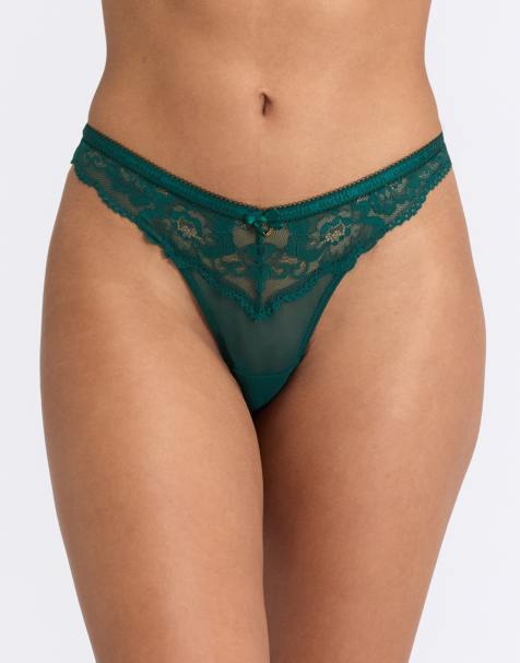 Boux Avenue Harper floral lace thong satin bows detailing lingerie in emerald - view 1