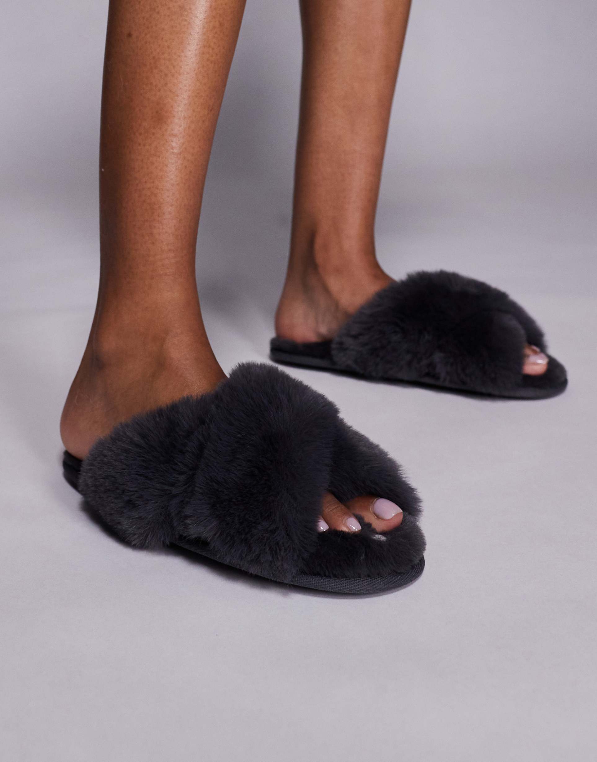 boux avenue heart embroidered cross band fluffy slippers in charcoal