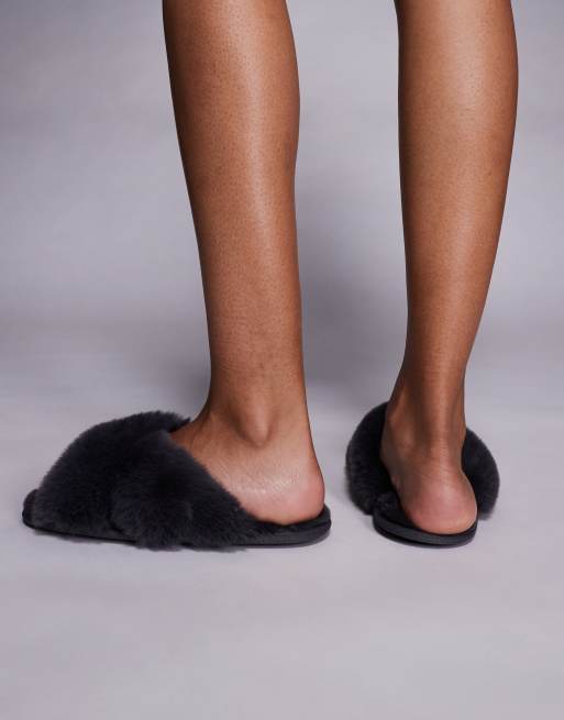 Boux Avenue heart embroidered cross band fluffy slippers in charcoal