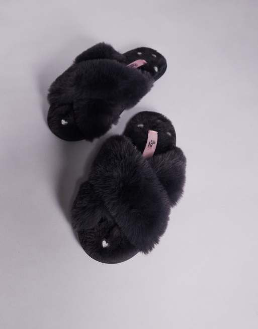 Boux Avenue heart embroidered cross band fluffy slippers in charcoal