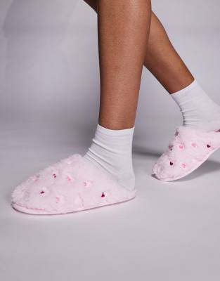 Boux Avenue Boux Avenue heart embroidered fluffy mule slipper in pink