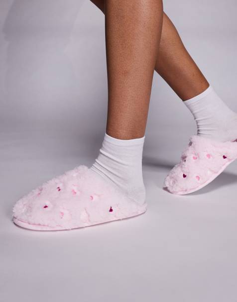 Boux Avenue heart embroidered fluffy mule slippers in pink - view 1