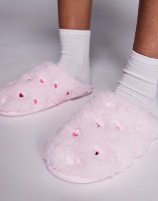 Boux Avenue Heart Embroidered Fluffy Mule Slippers In Pink