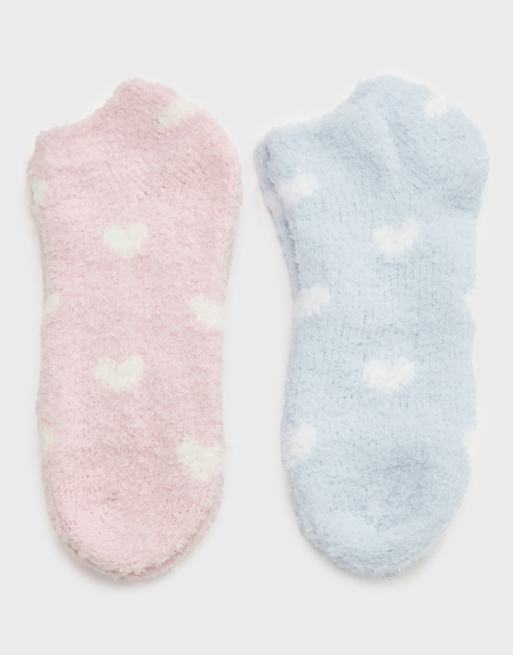 Boux Avenue Heart fluffy trainer socks 2 pack cosy super soft loungewear in blue mix, 2 of 4