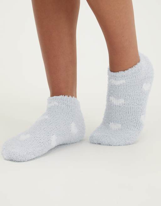 Boux Avenue Heart fluffy trainer socks 2 pack cosy super soft loungewear in blue mix, 4 of 4